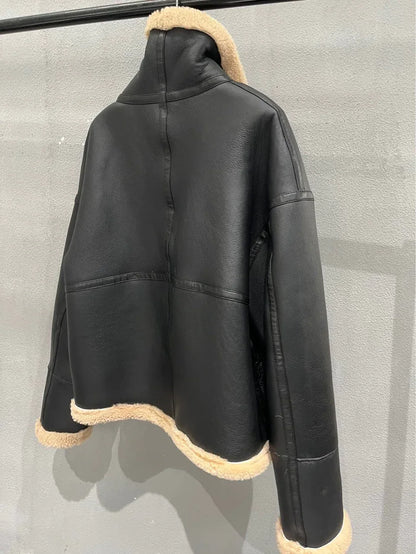 Women’s Short Shearling Two-Sided Leather Jacket Real Fur