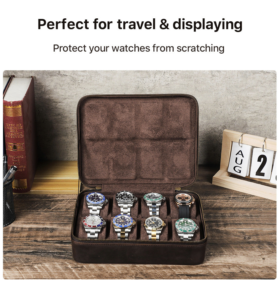 Men’s Leather 8 Slot Luxury Watch Box Travel Case Organizer