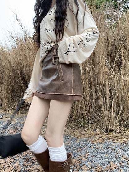Women Brown PU High Waisted Leather Mini Skirt