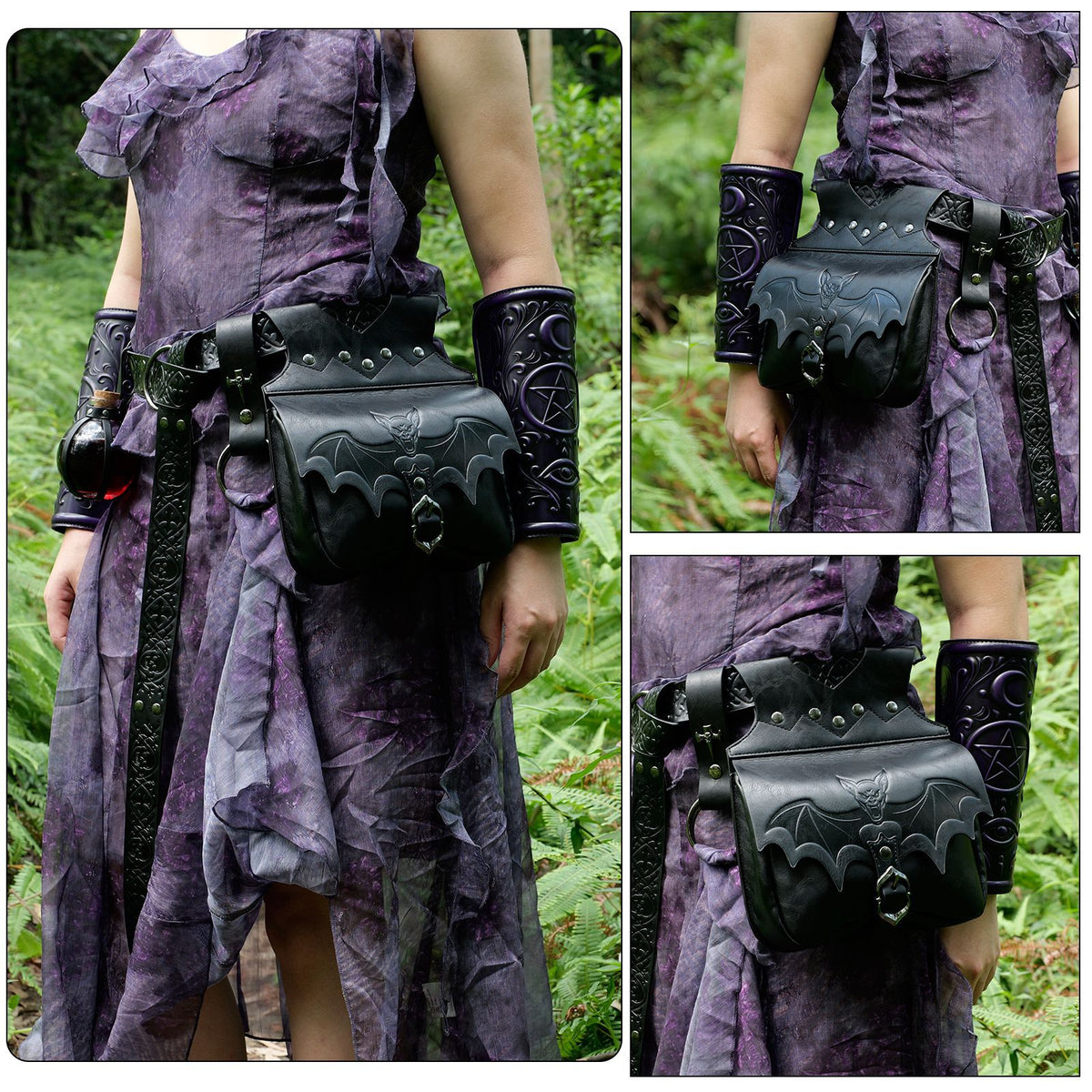 Waist Bag for Women in Black PU with Gothic Bat Detail