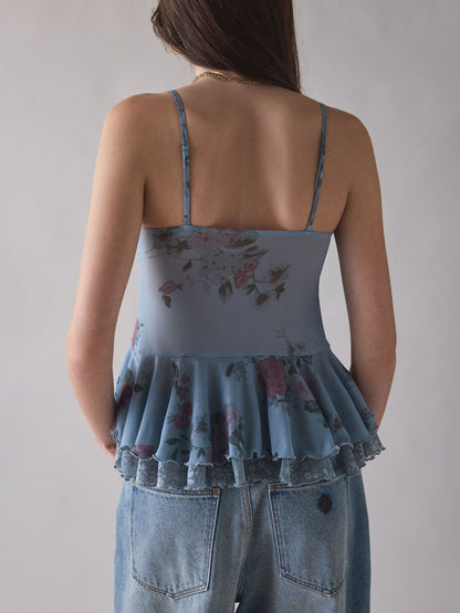 Women’s Floral Lace Trim Mesh Ruffle Camisole Top