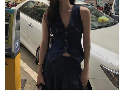 V Neck Denim Vest For Ladies