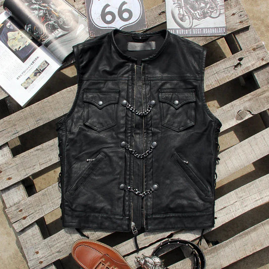 Black chain front motorcycle leather vest for men