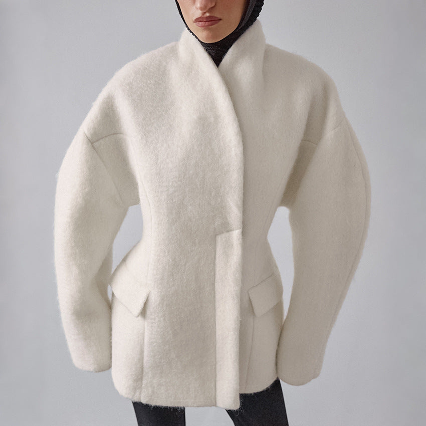 Women Thick Woolen Coat with Semi-High Collar