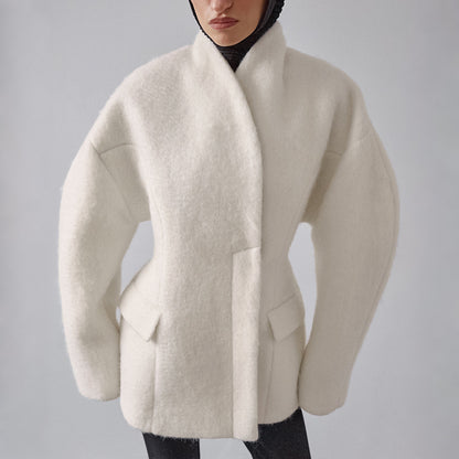 Women Thick Woolen Coat with Semi-High Collar