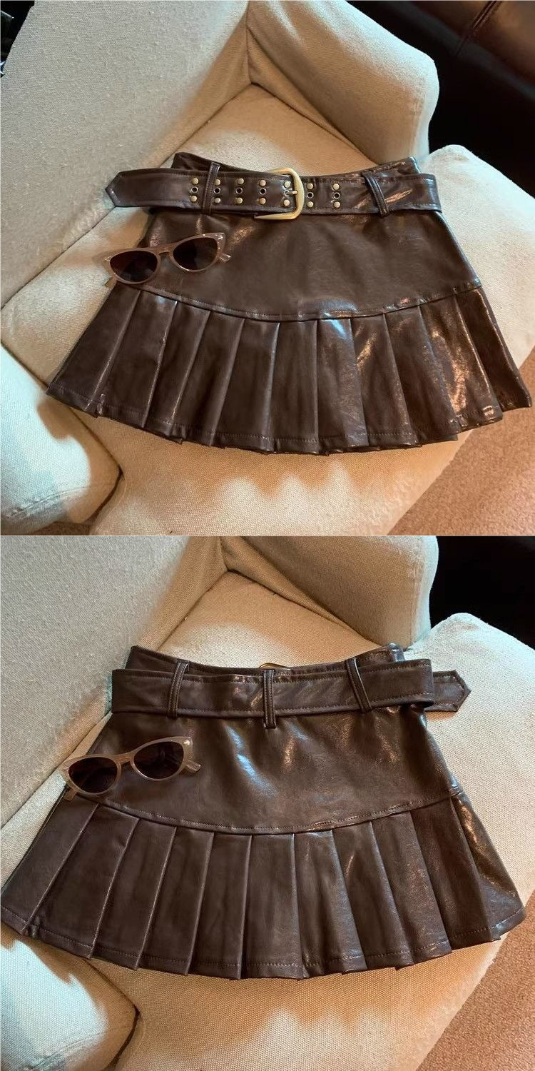 Women Pleated Leather Skirt