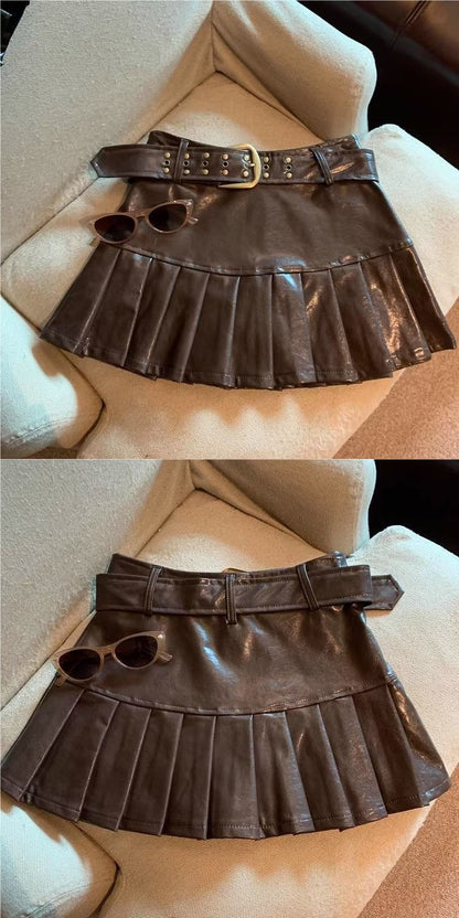 Women Pleated Leather Skirt