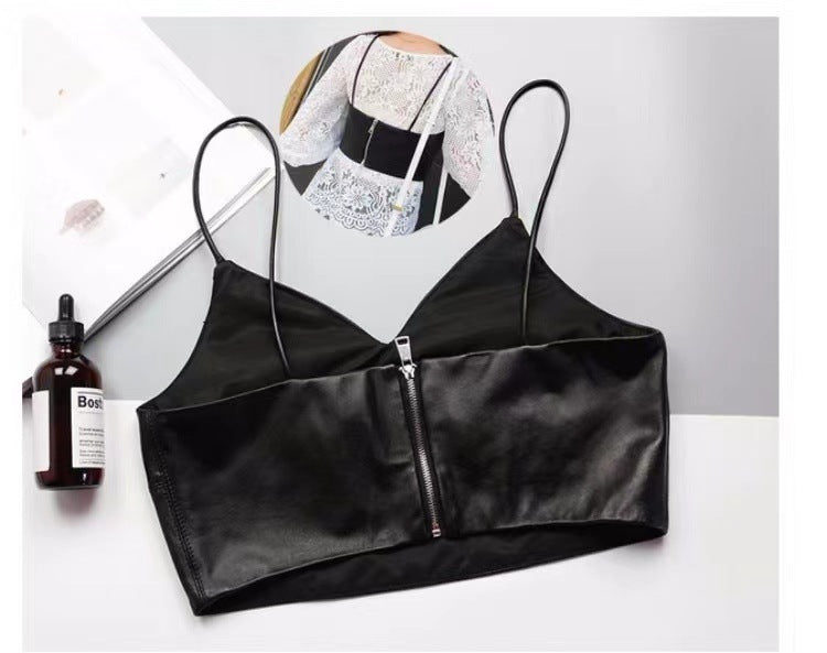 Women Genuine Leather Camisole Top With Zipper Back
