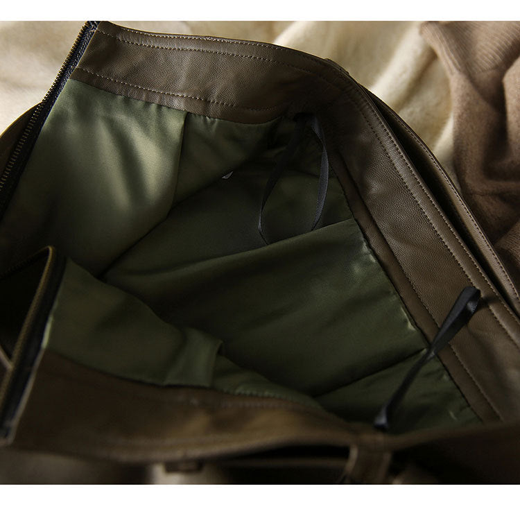 Olive Green Sheepskin Mid Length Leather Skirt with Belt and Slit