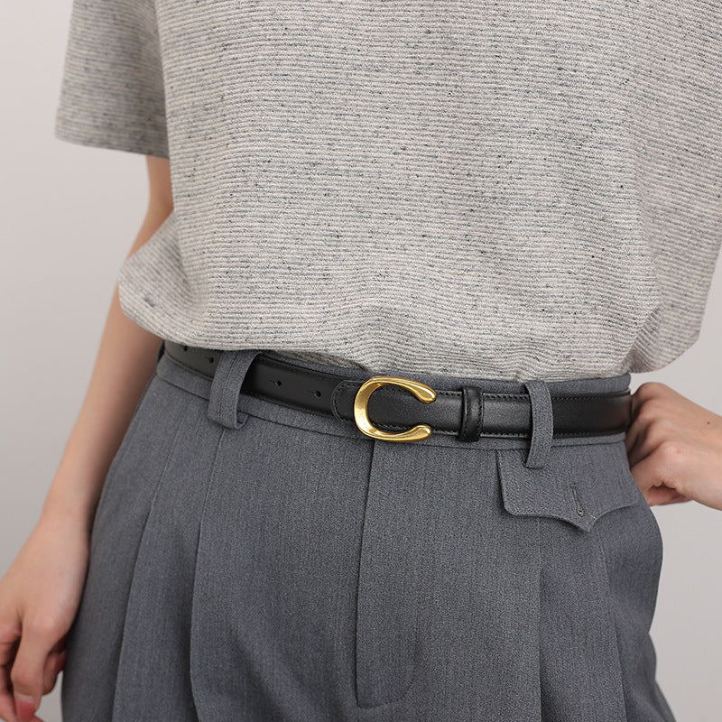 Women’s Black Leather Belt with Slim Gold C Buckle