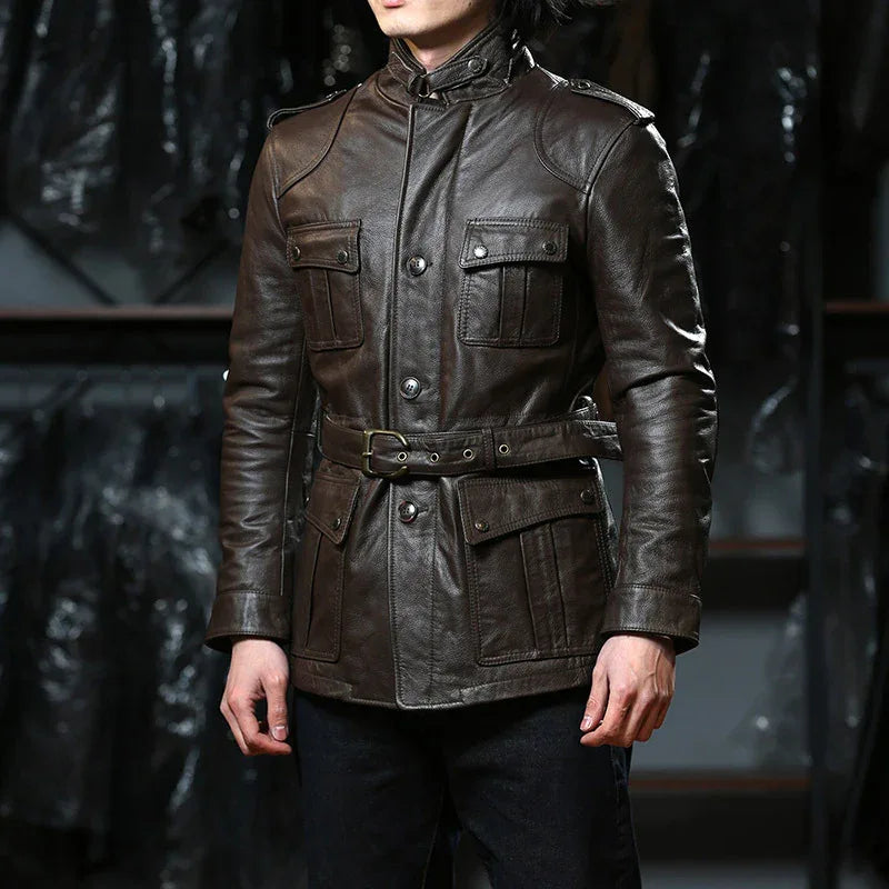 Men Brown Belted Leather Hunting Jacket