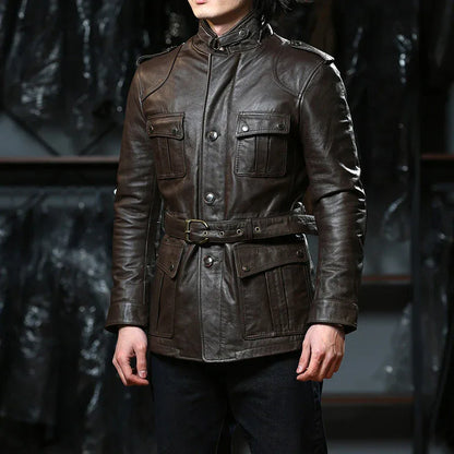 Men Brown Belted Leather Hunting Jacket