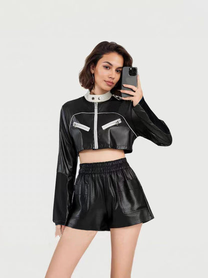 Black Cropped Faux Leather Moto Biker Jacket