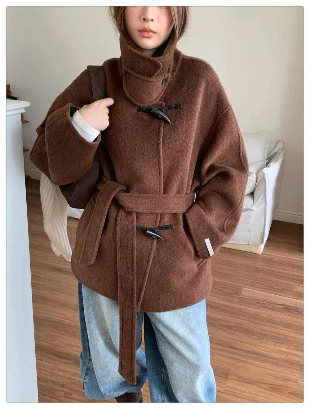 Women Wool Horn-Button Belted Funnel Coat