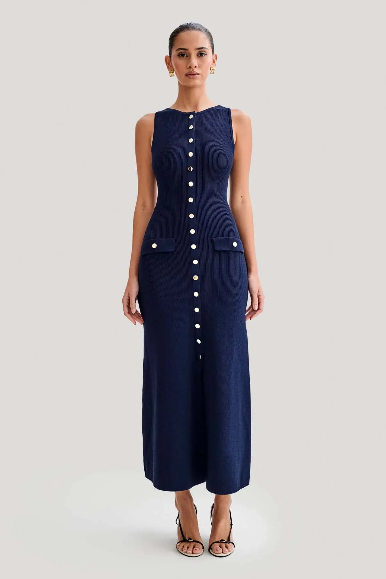 Navy Ribbed Sleeveless Gold-Button Knit Dress