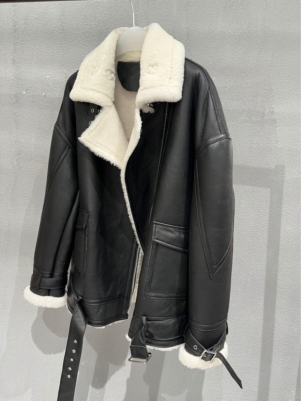Women Genuine Leather Bomber Jacket with Real Fur