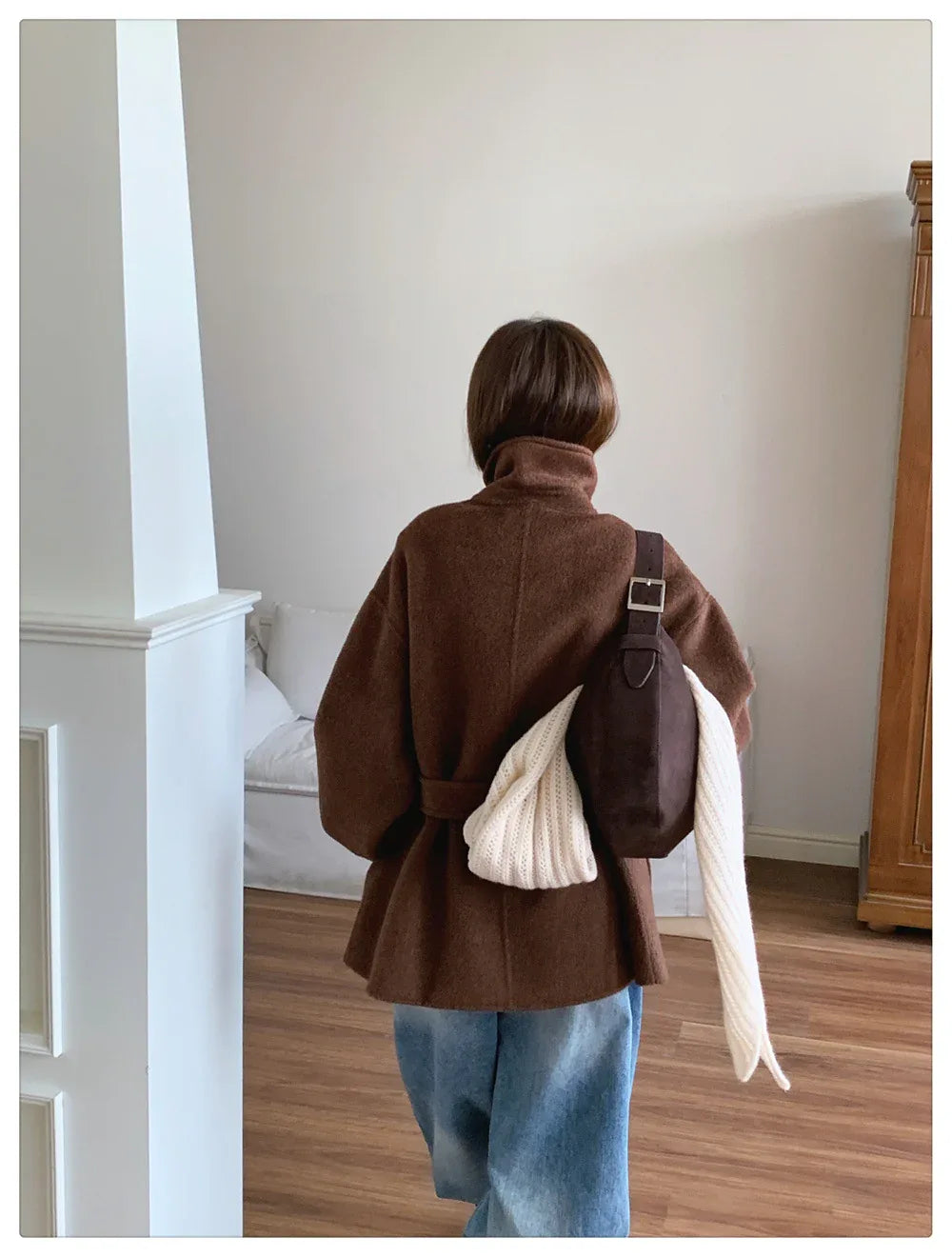 Women Wool Horn-Button Belted Funnel Coat