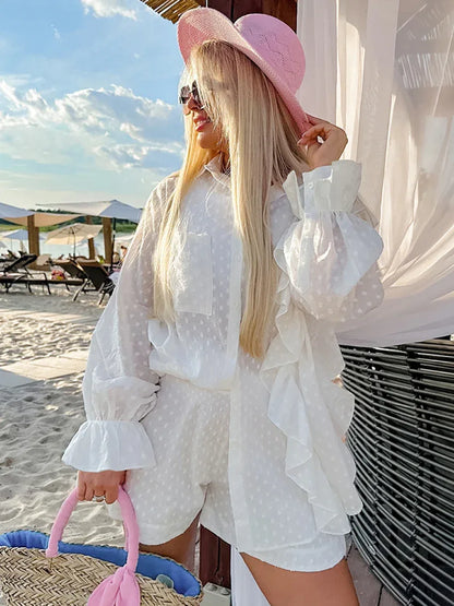 White swiss dot ruffle shirt set