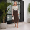 Brown Faux Leather Midi Skirt with Bow Belt High Waist