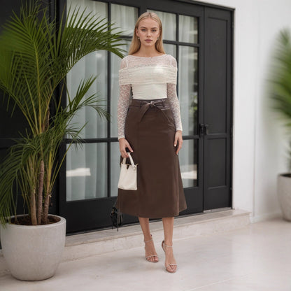 Brown Faux Leather Midi Skirt with Bow Belt High Waist