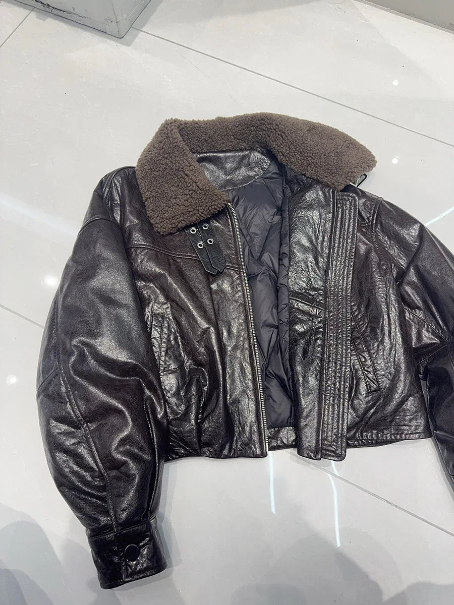 women genuine sheepskin bomber jacket with fur collar
