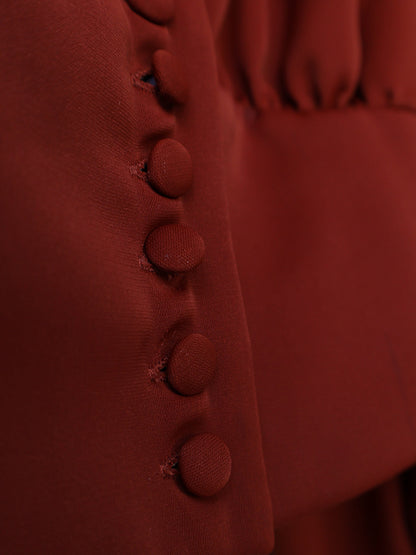 Women’s V-Neck Lantern Sleeve Blouse with Fitted Waist and Button Detail