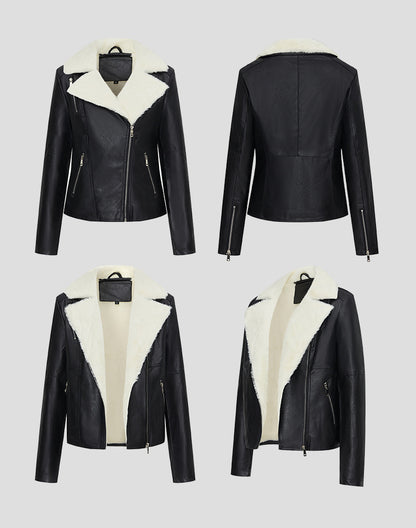 Women Faux Leather Moto Biker Jacket with White Fur Lining