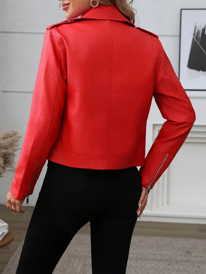 Women’s Red Faux Leather Motorcycle Jacket Slim Fit