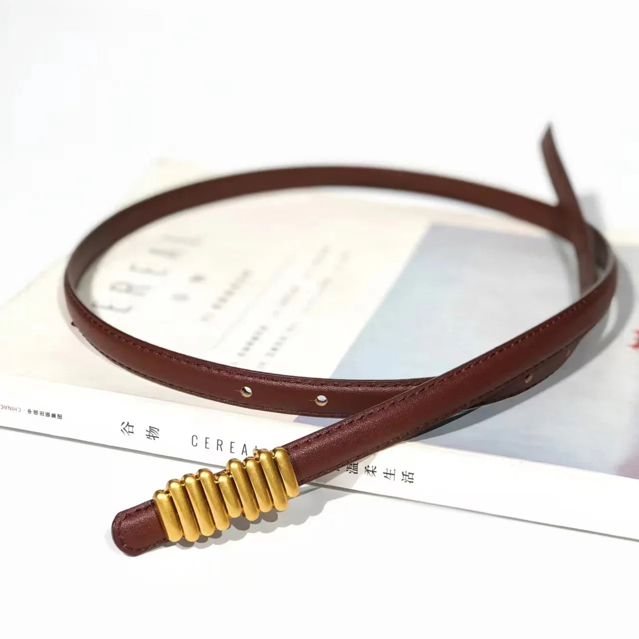 Women’s Skinny Genuine Leather Belt Gold Buckle