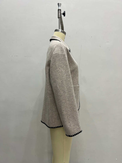 Women’s Wool Blend Contrast Trim Lapel Jacket with Double Pockets