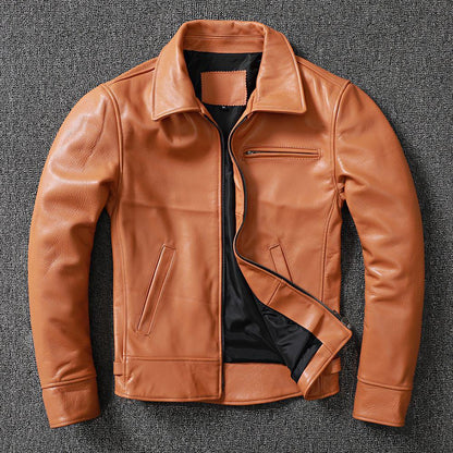 Men's Cowhide Leather Jacket Brown Slim Fit