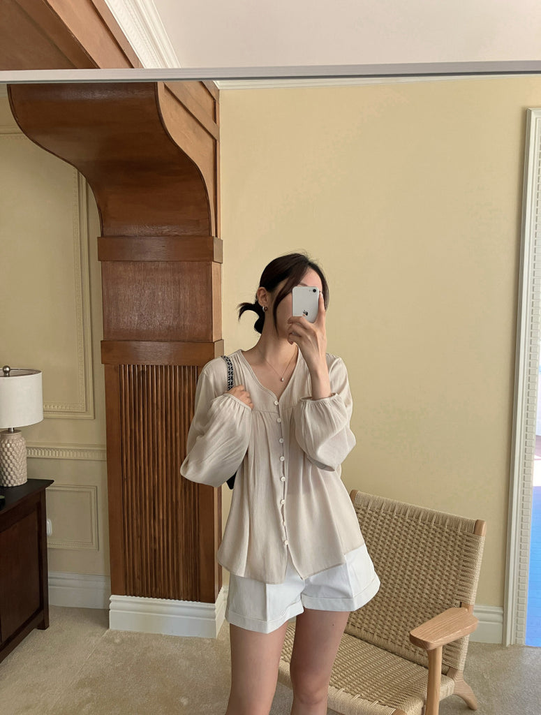 Women's Button Front Puff Sleeve Blouse