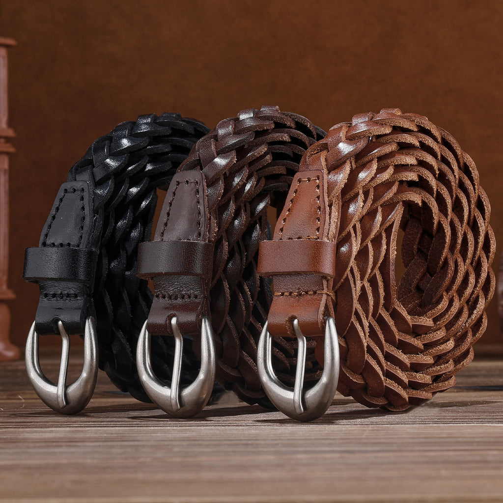 Braided genuine leather belt with silver buckle