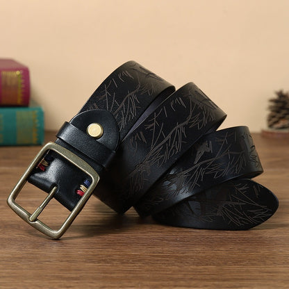 Men’s Engraved Leather Belt with Top-Grain Cowhide and Brass Buckle
