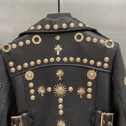 Women Studded Punk Rock Leather Jacket Heavy Rivet