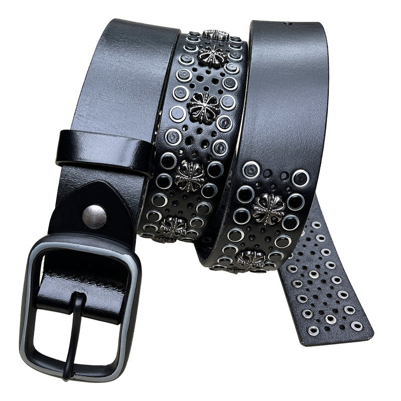 Riveted punk wide cowhide leather belt Black 105 cms