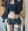 Black faux leather shorts with belted low rise fit