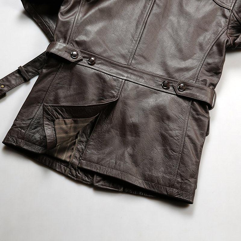 Men Brown Belted Leather Hunting Jacket