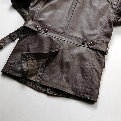 Men Brown Belted Leather Hunting Jacket