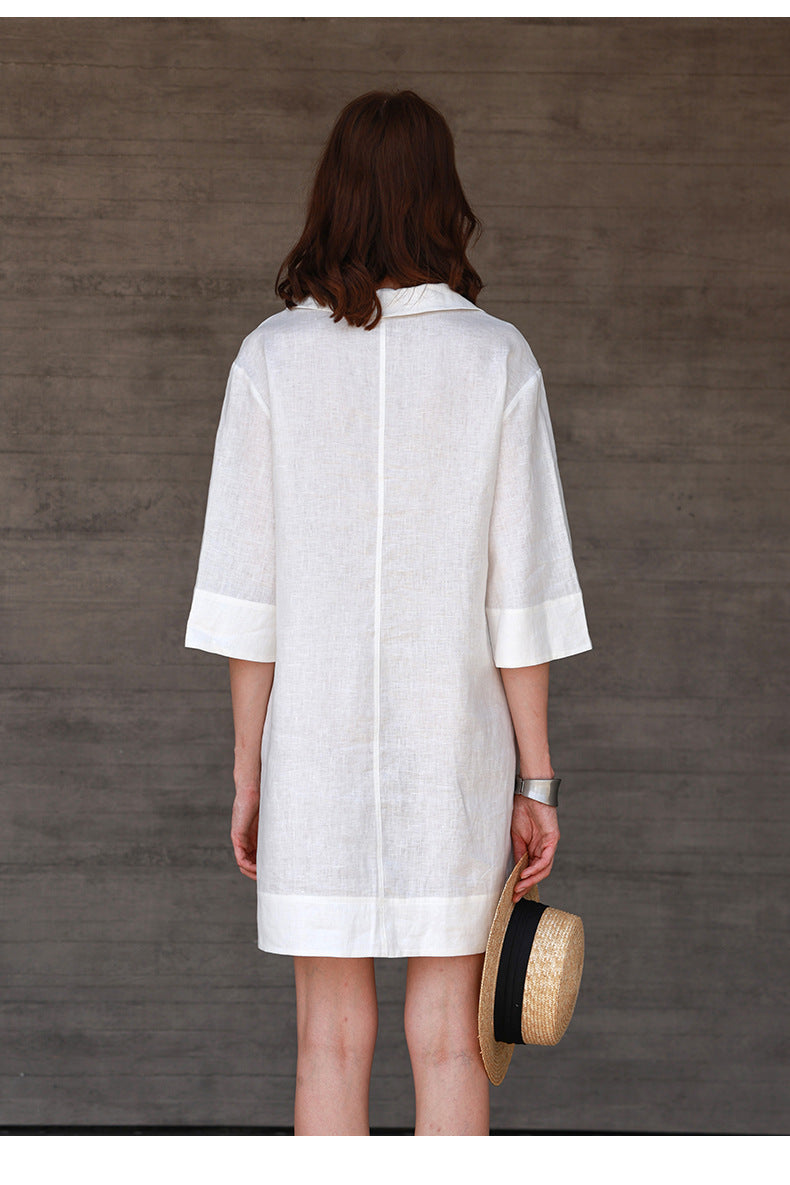 White linen shirt dress v neck half sleeve summer casual