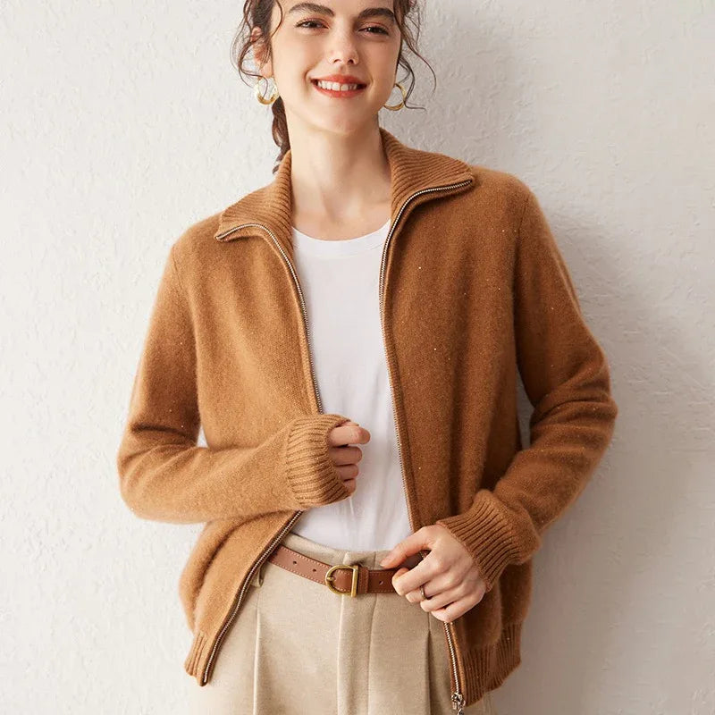 Women’s 100% Pure Cashmere Lapel Zip Cardigan