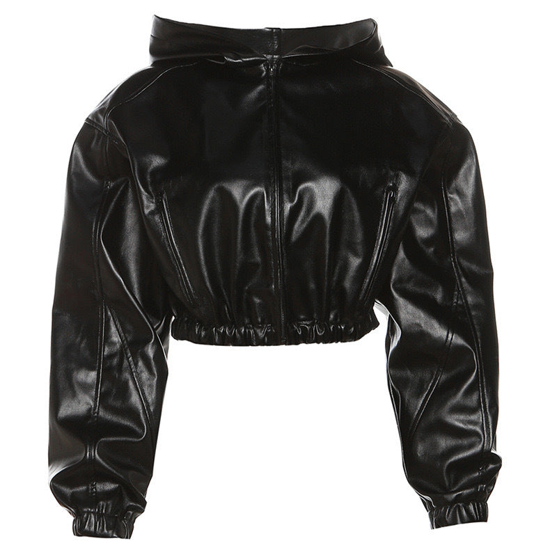Women’s Faux Leather Cropped Hooded Jacket Short Bomber