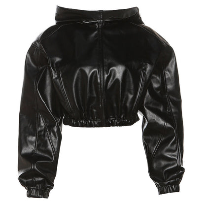 Women’s Faux Leather Cropped Hooded Jacket Short Bomber