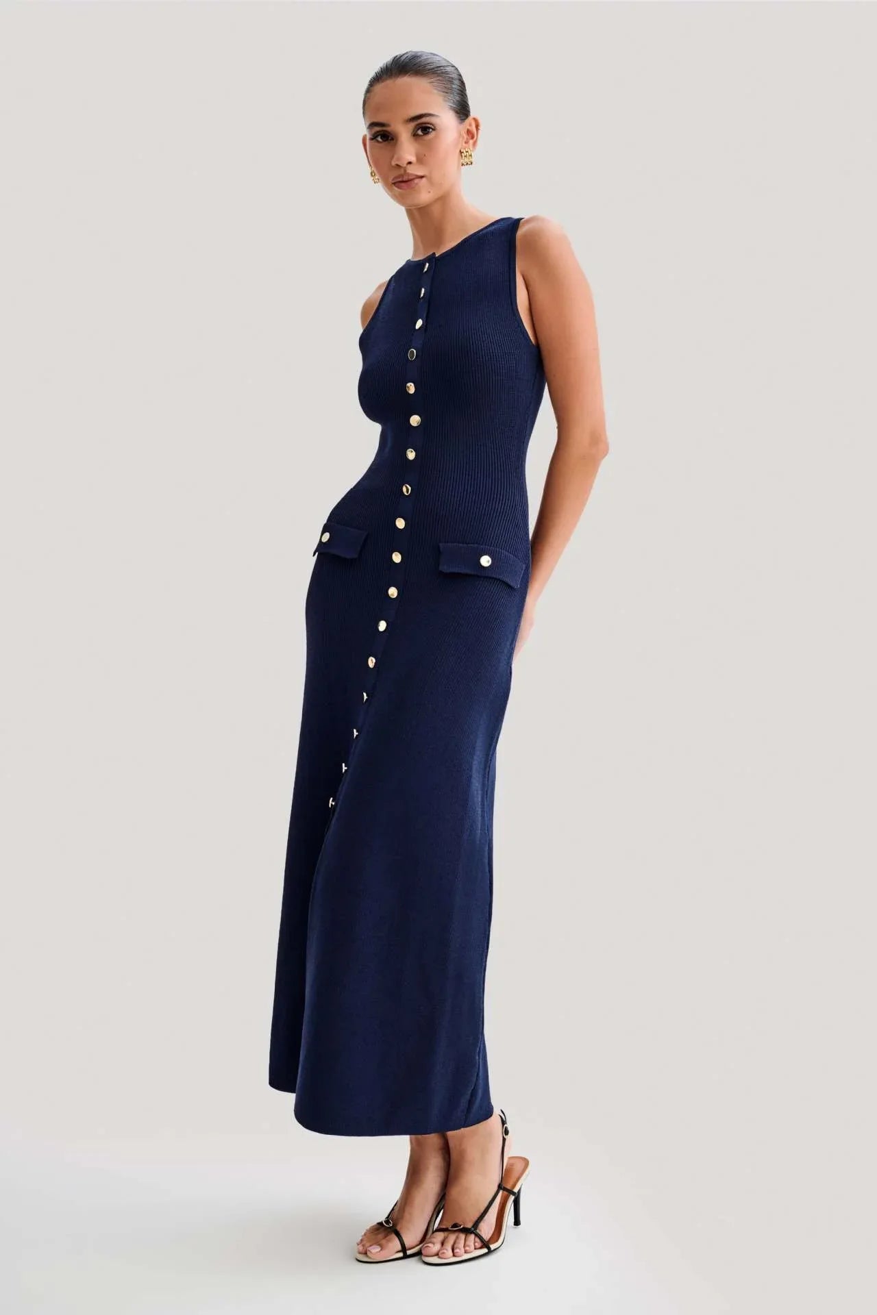 Navy Ribbed Sleeveless Gold-Button Knit Dress
