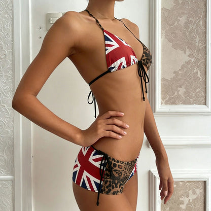 Leopard Print Color Block Bikini Set