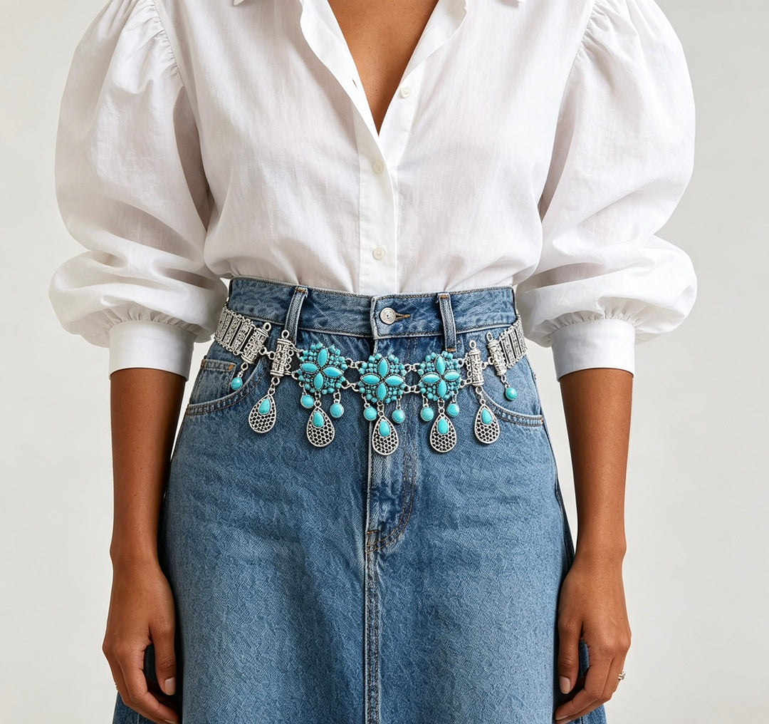Women’s Turquoise Tassel Waist Chain with Silver Tone Drops