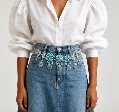 Women’s Turquoise Tassel Waist Chain with Silver Tone Drops