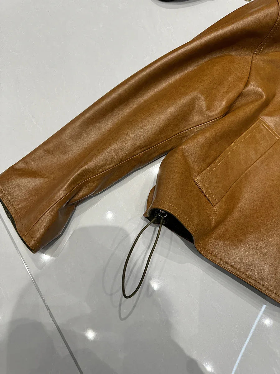 women leather jacket with round neck snap buttons