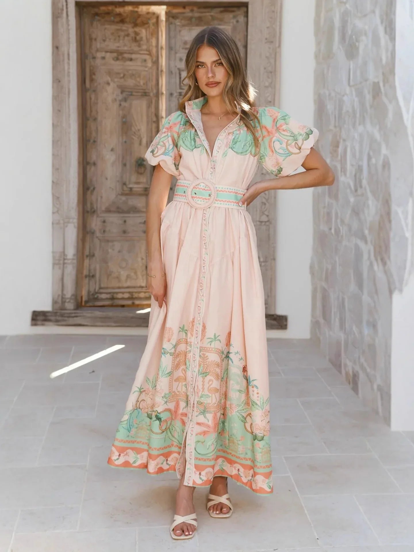 Floral linen belted button front summer maxi