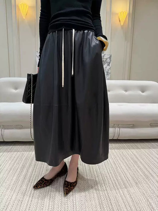 Women’s Leather Maxi Skirt Drawstring Long Skirt